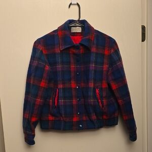 Wool Pendleton Women's Plaid Bomber Jacket - Red, Blue, and Yellow